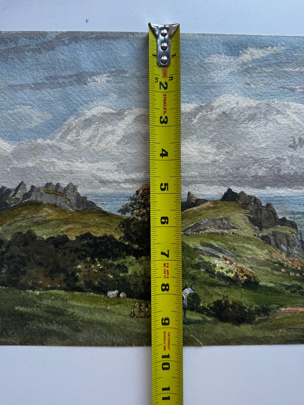 Vintage 19th Century Watercolor Landscape Scenic Painting Cows Meadow Rocky 13×9
