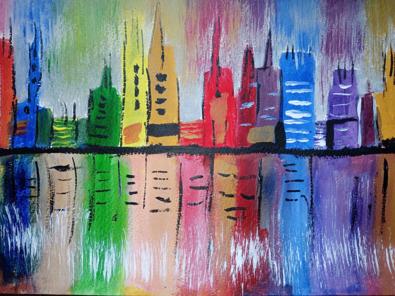 Expressionism 11×14 Colorful City and reflections original Hand painted Art