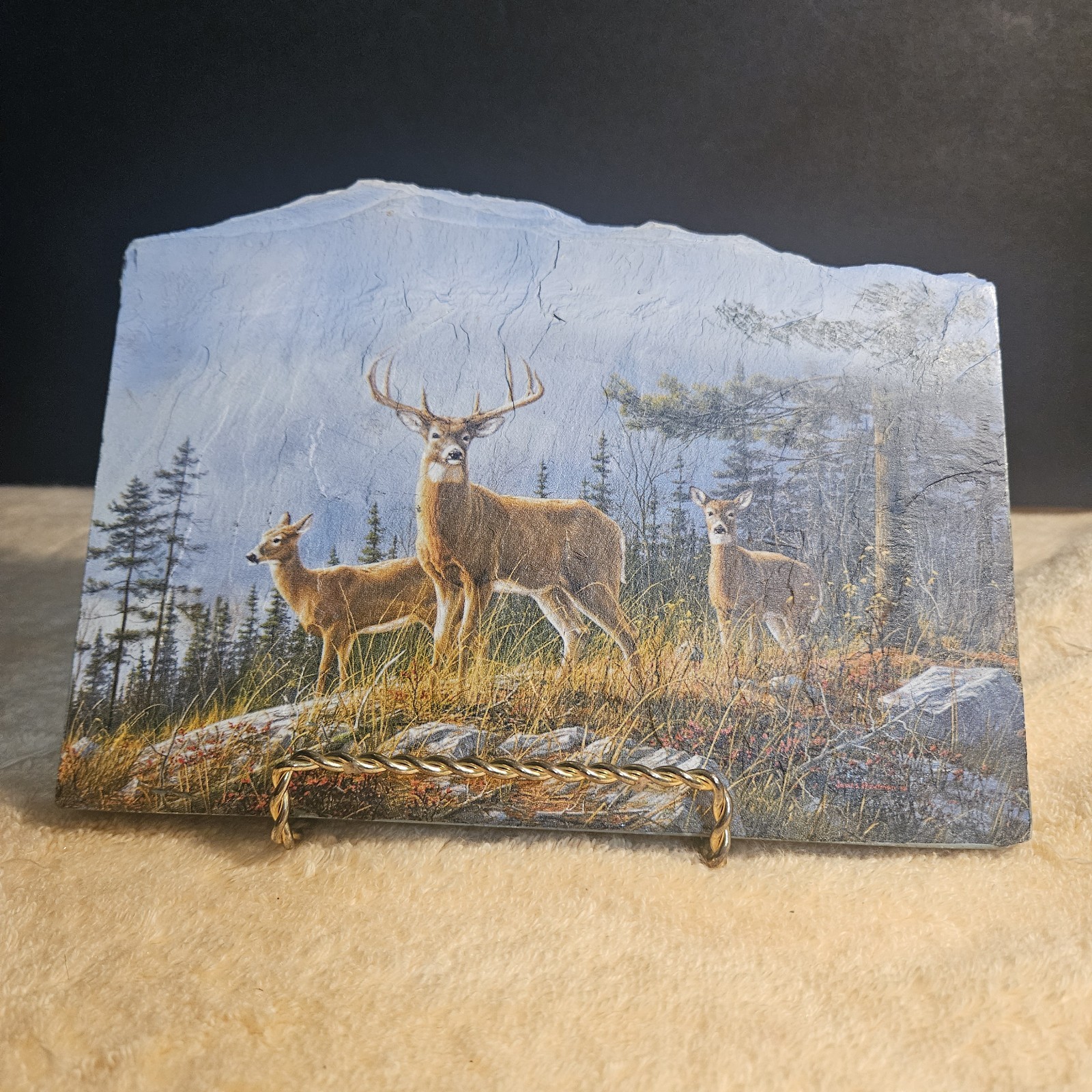 Vintage James Hautman «Autumn Whitetails» Wildlife Painting on Natural Slate…