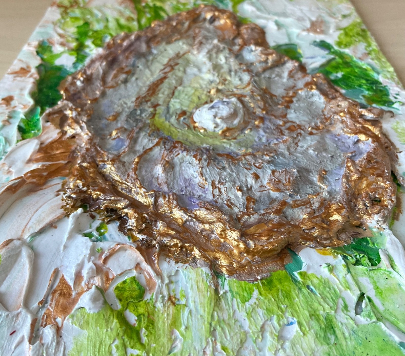 Original Abstract Oyster Texture Painting Gold Impasto Wall Art 8×6.4in Signed
