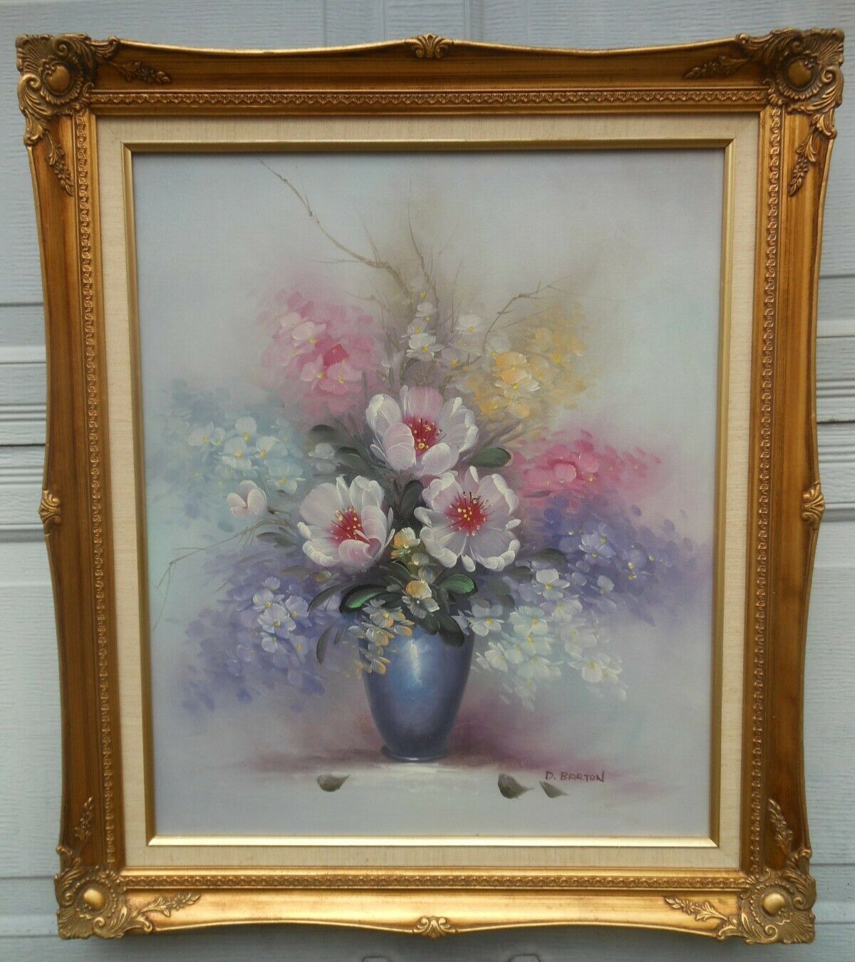 D Barton Floral Still Life Painting 1988 Framed 24″ x 20″ Flowers on Canvas