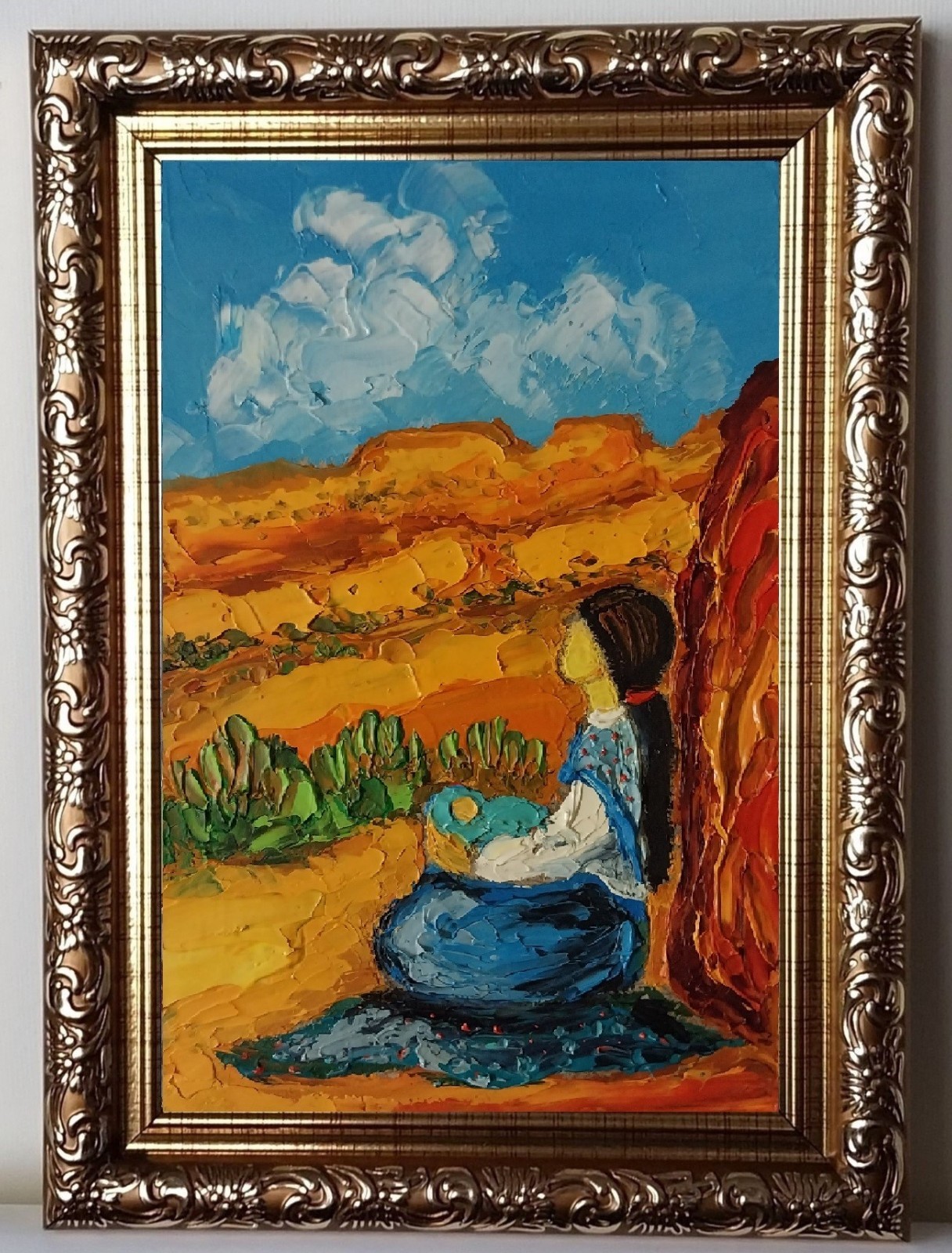 Framed Native American Woman Young Mother And Baby Art 4×6 Oil Painting Original