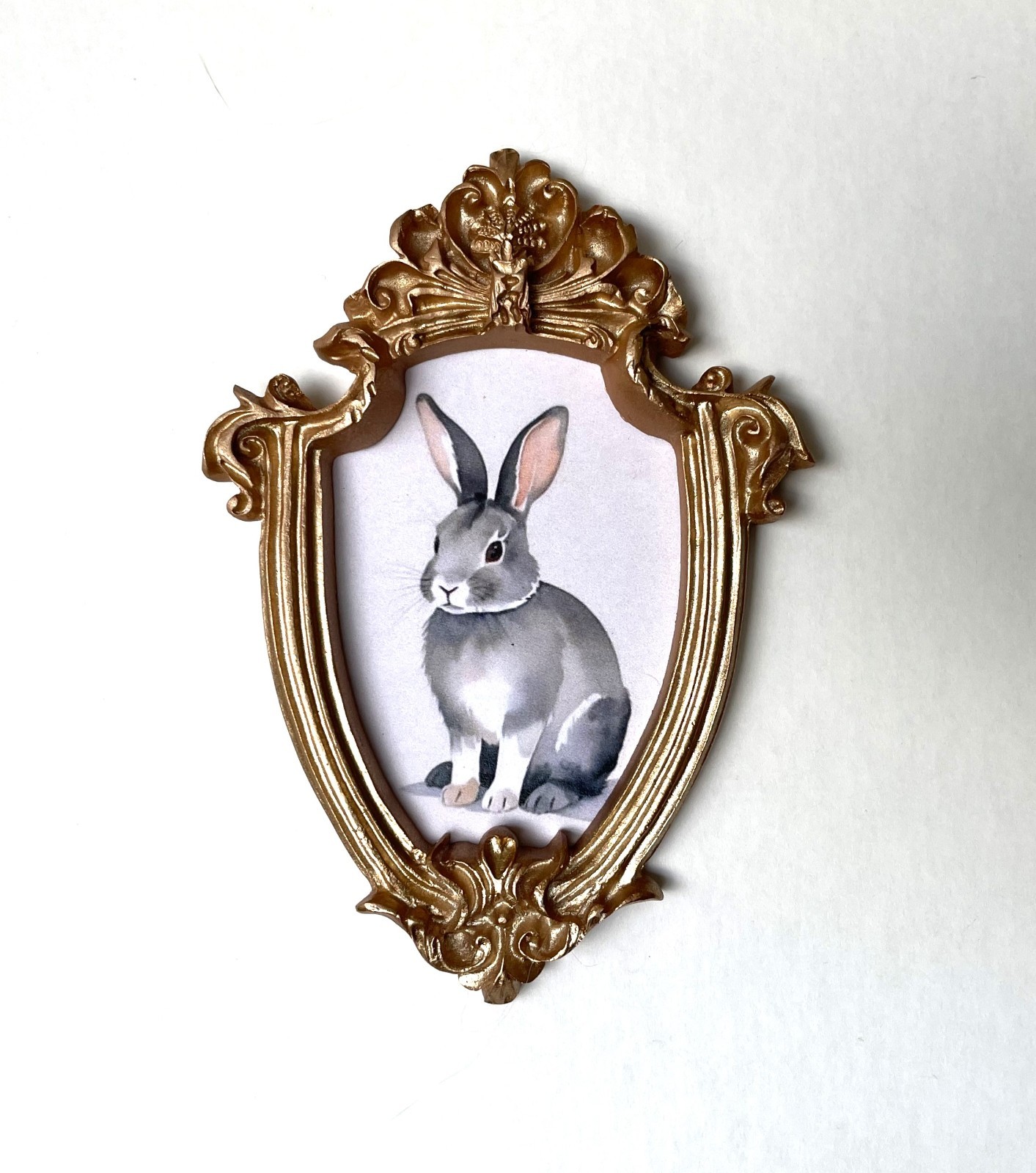 Gray Bunny Rabbit Framed Miniature Mini ART PRINT Gold Ornate Frame NOT ACEO