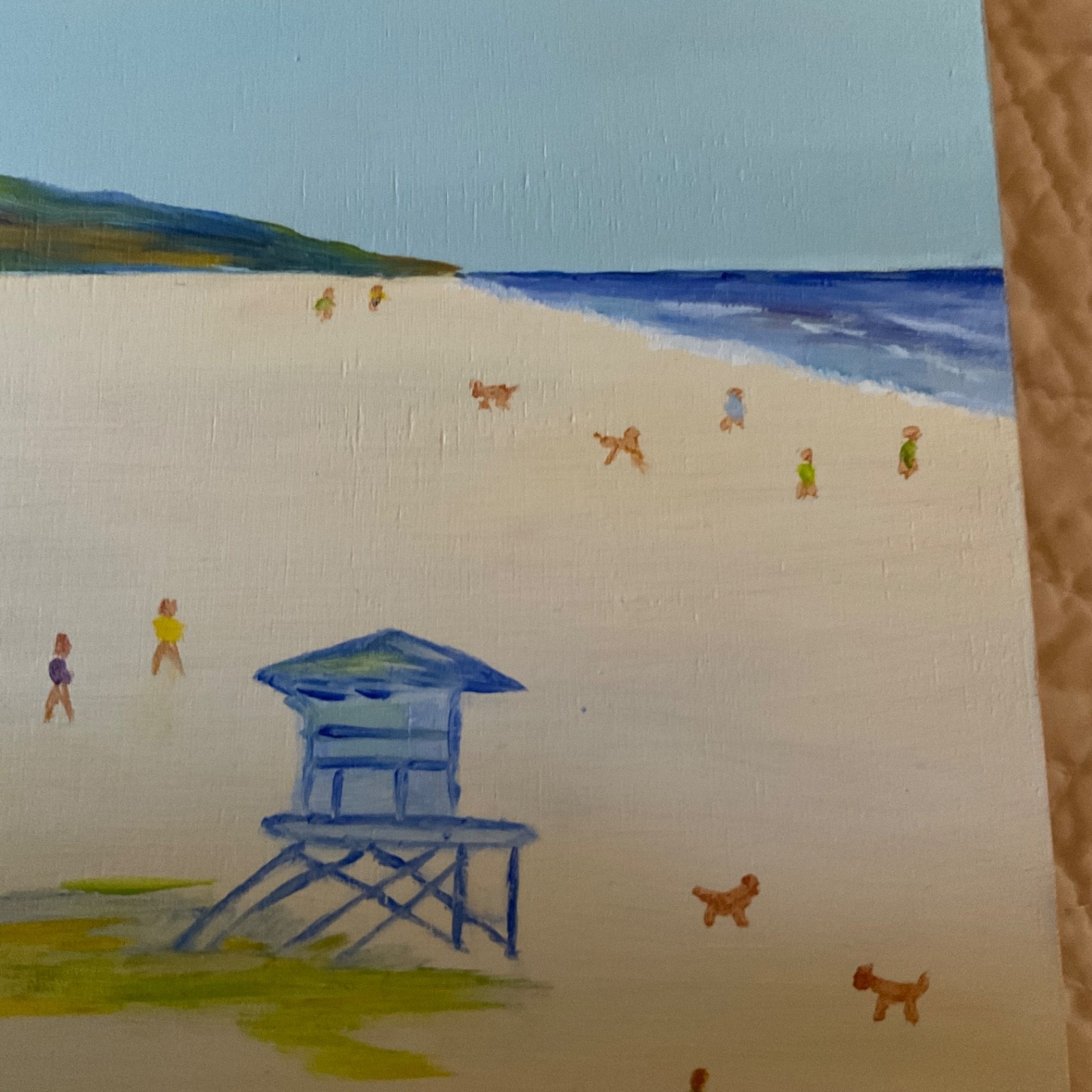 coast ocean Painting original beach tiny people life guard tower by Lori