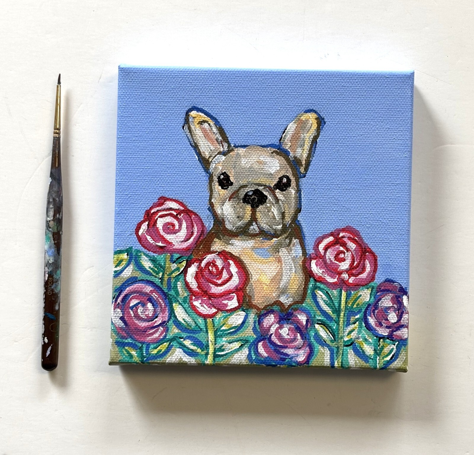 Frenchie Original acrylic painting, dog art canvas, French Bull Dog, 6 x 6, OOAK