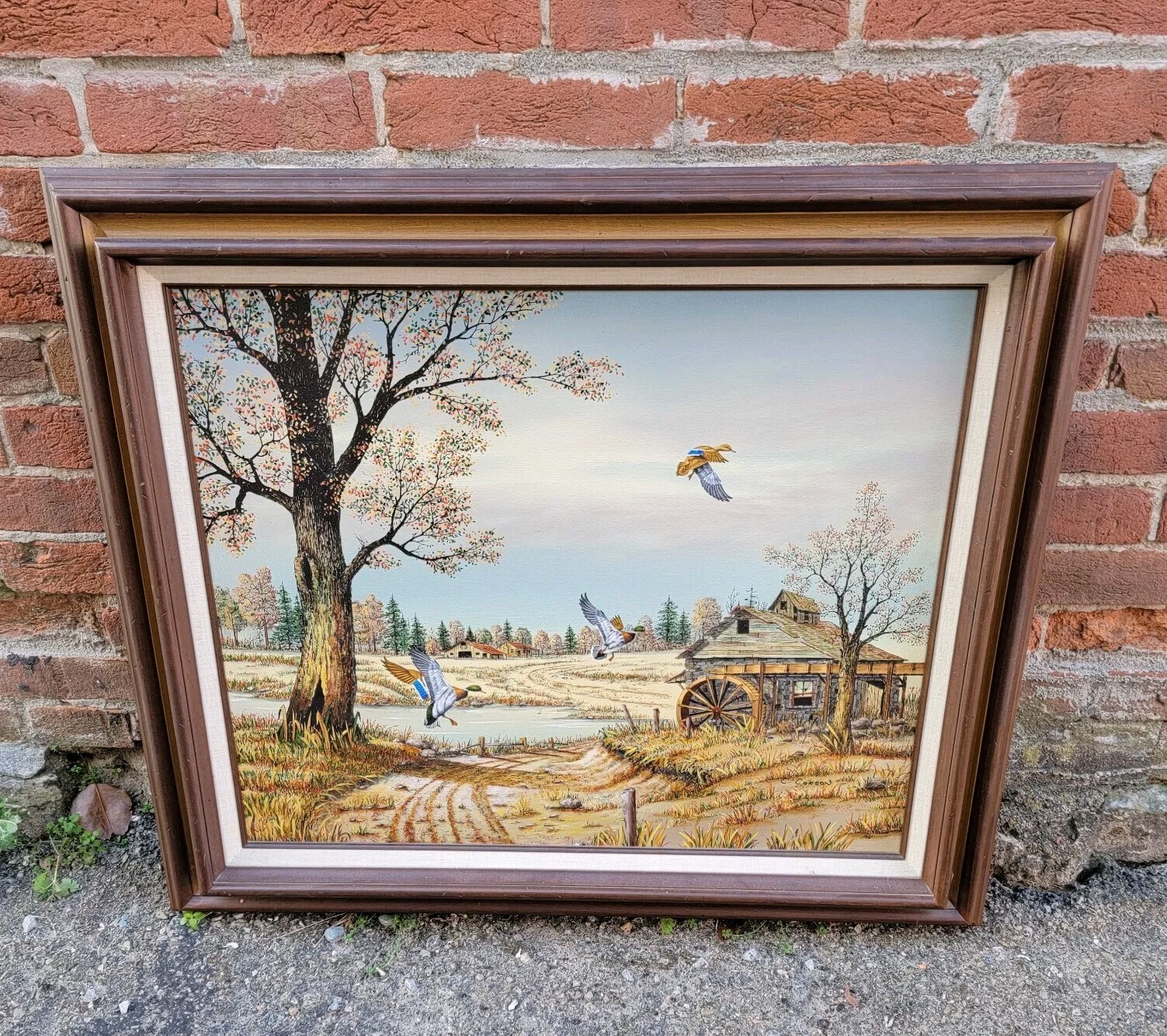 Old Fall Farm Scene W Mill Barns Ducks Mallards Winter Sky 20X24 W Frame