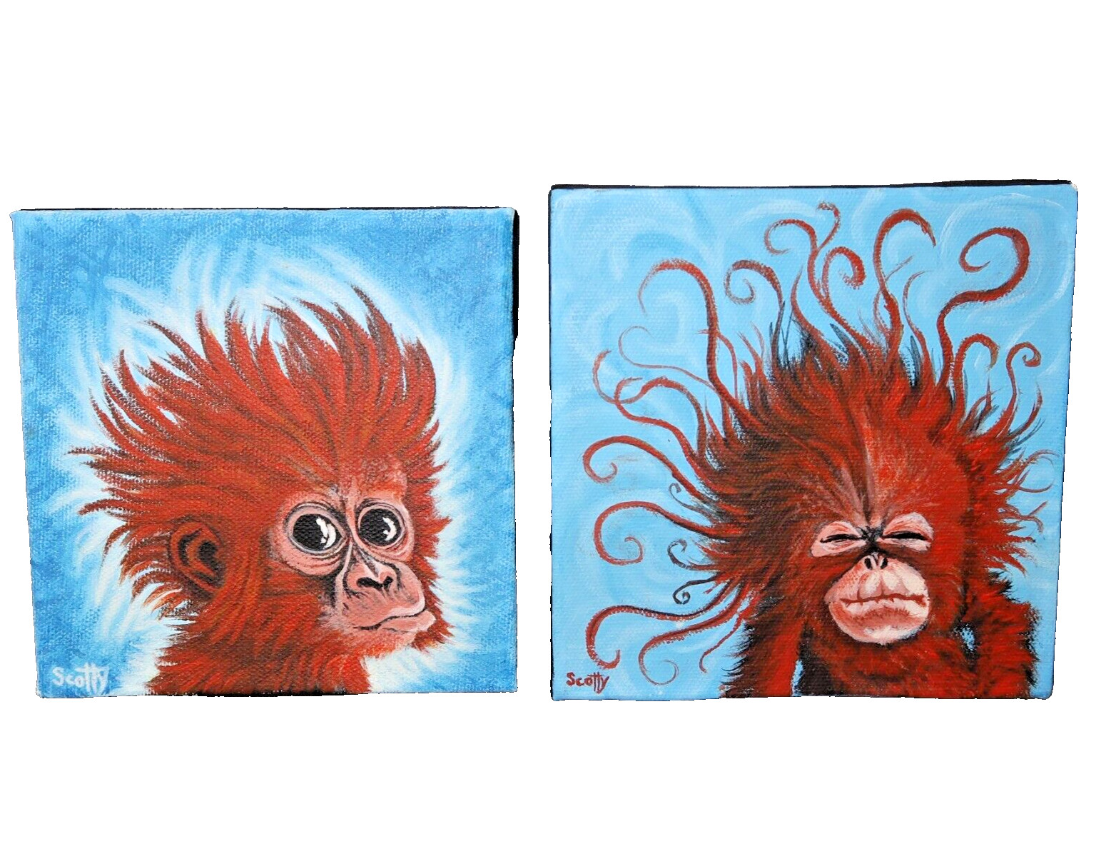LOT of 2 Original Painting Monkey Chimpanzee Art Signed 6″ x 6″ Signed Mini