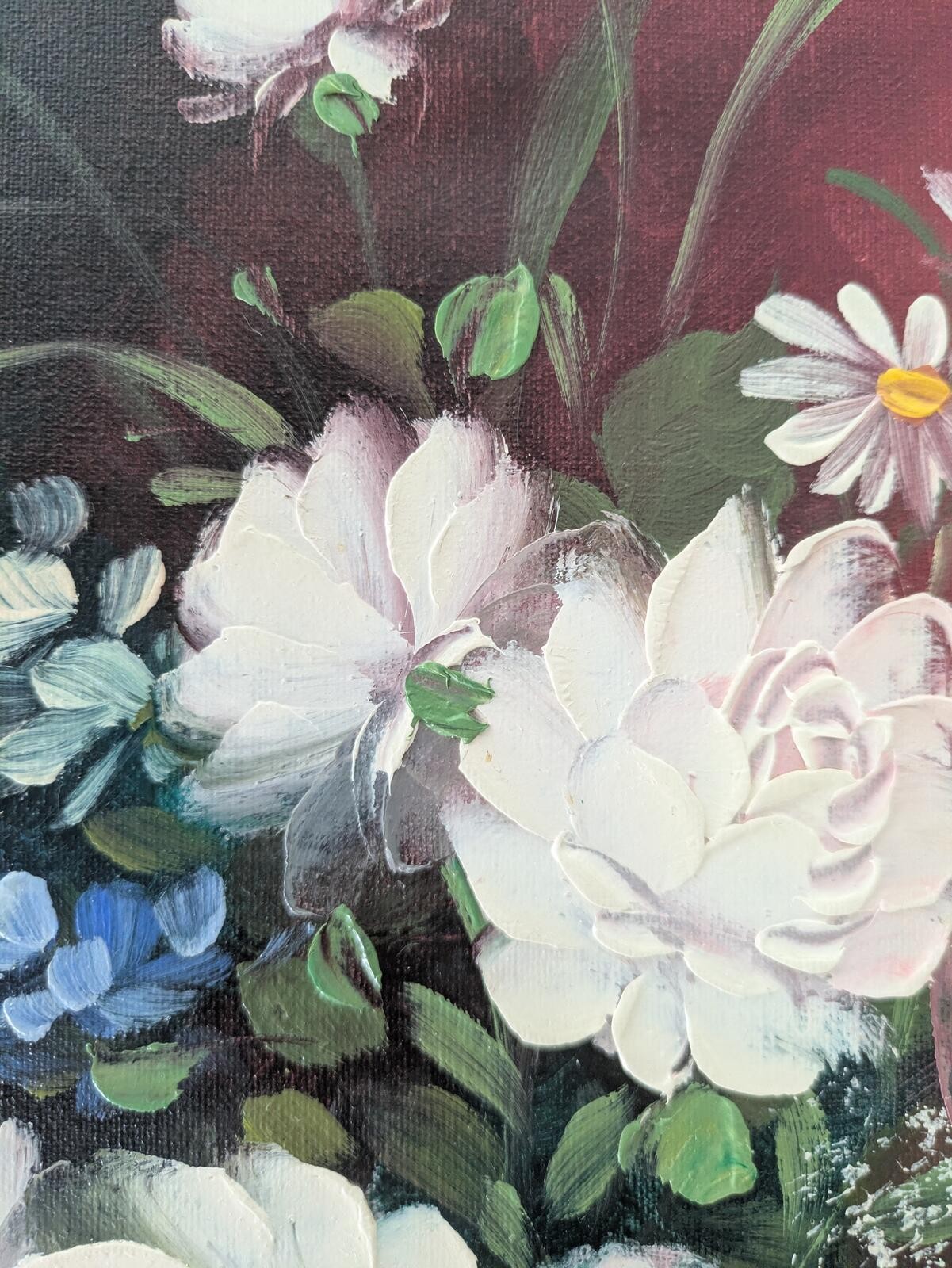 Original Painting, Florals in vase, White on Burgundy & Reds, 20 x 16 in canvas