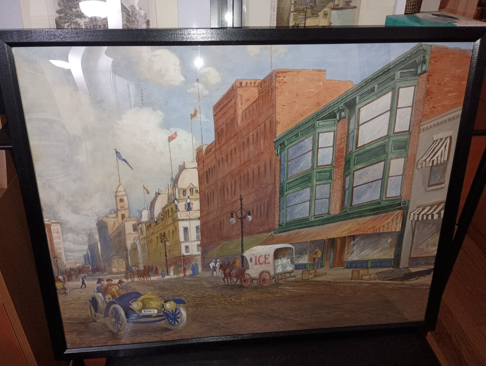 SETH JONES Original Framed Cityscape Signed 1910 New York Horse & Auto Painting
