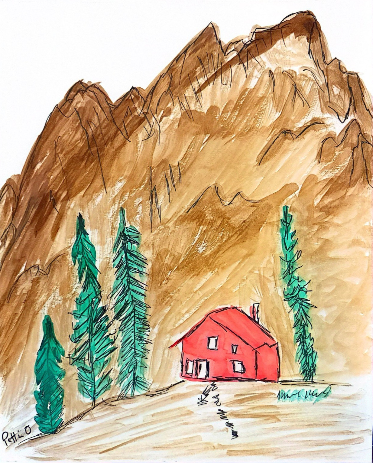 Whimsical Mountain Scene Fine Art Painting 14X11 Watercolor Gallery Paper Signed