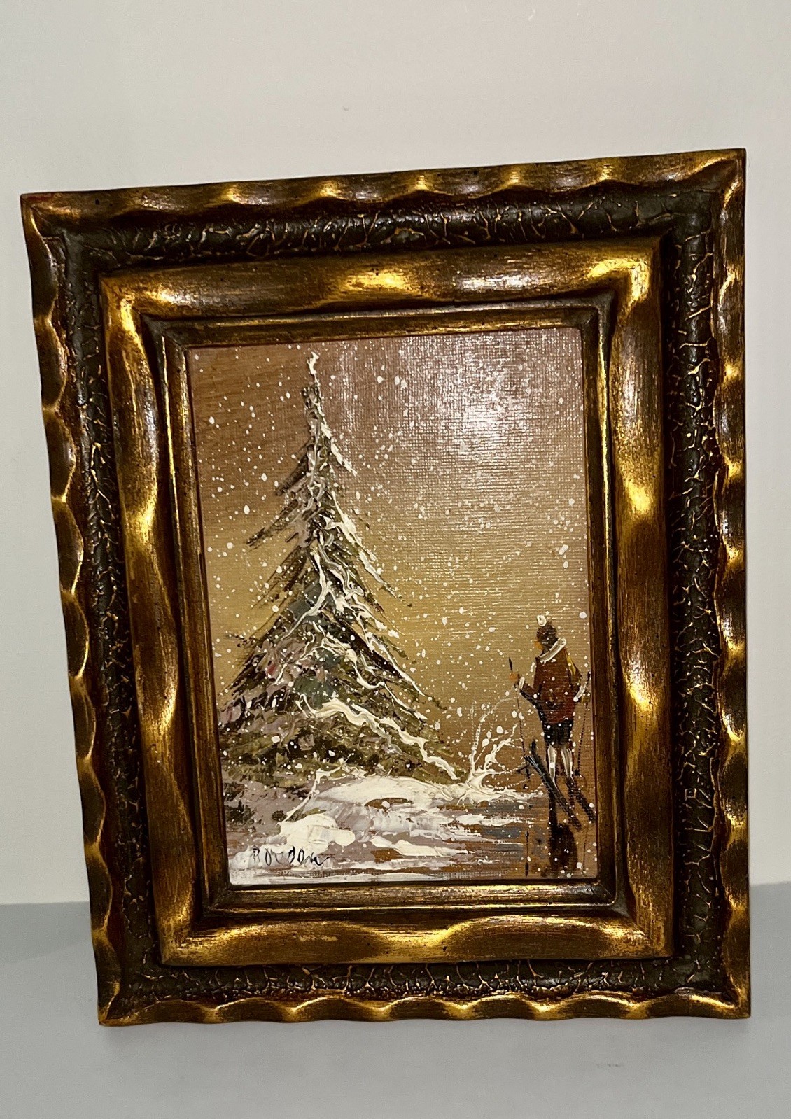 Vintage Oil On Canvas Winter Snowfall on Tree & Skiier Signed Framed Painting