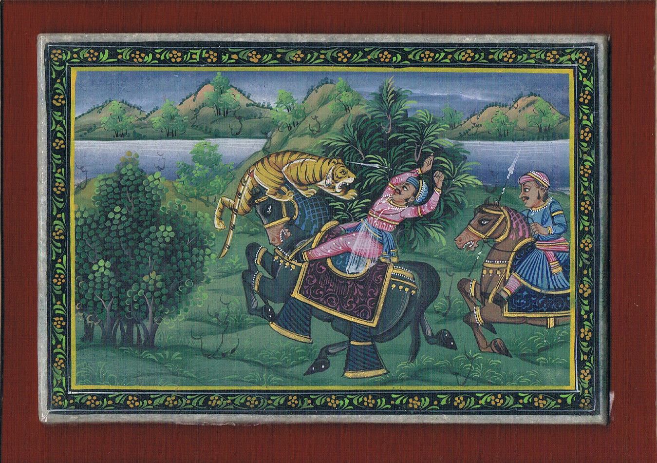 Mughal Indian Miniature Painting Of Hunting scene Tiger On Marble Plate 6×4″