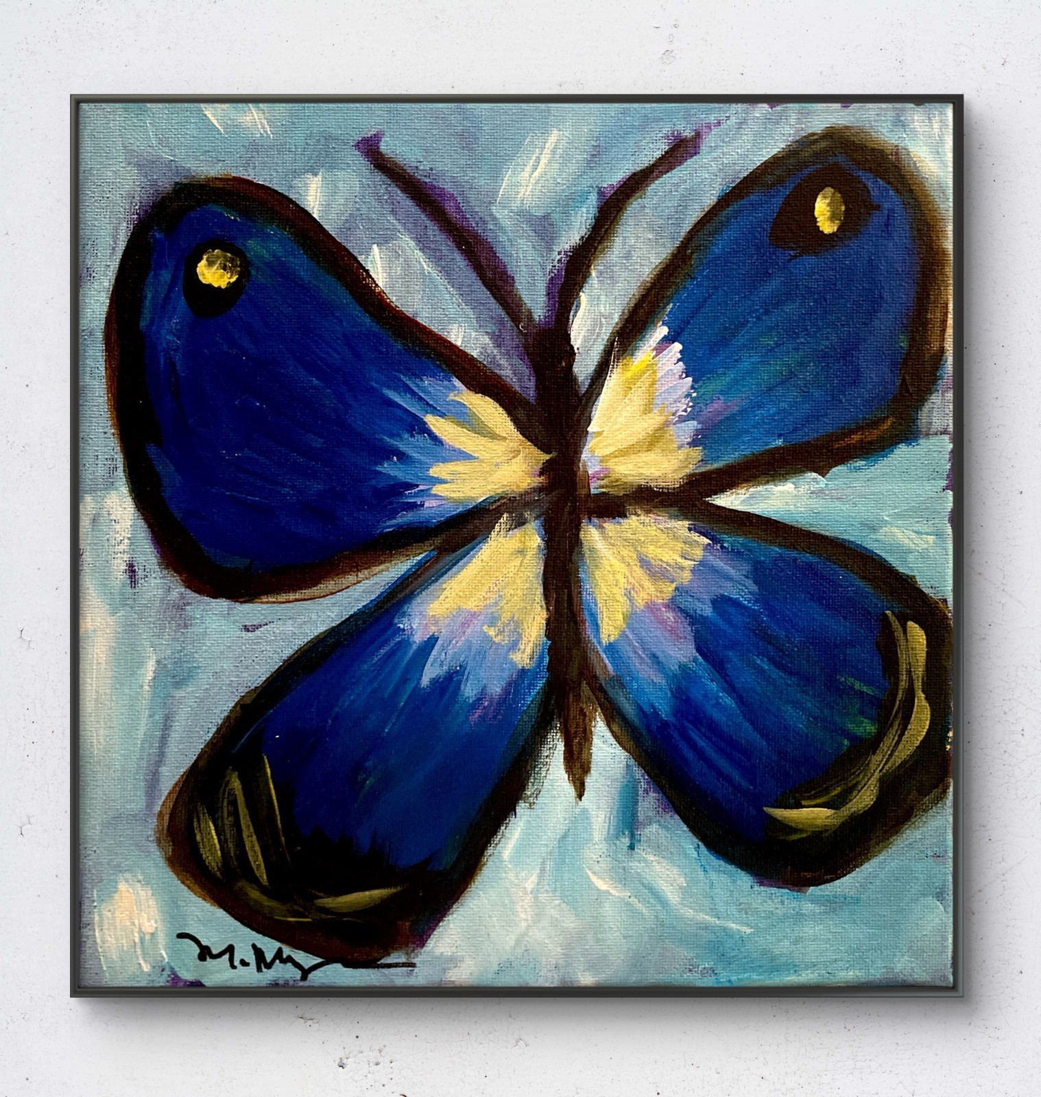 Mary Myers Original Abstract Expressionism 10×10 Blue Butterfly Signed Fine Art