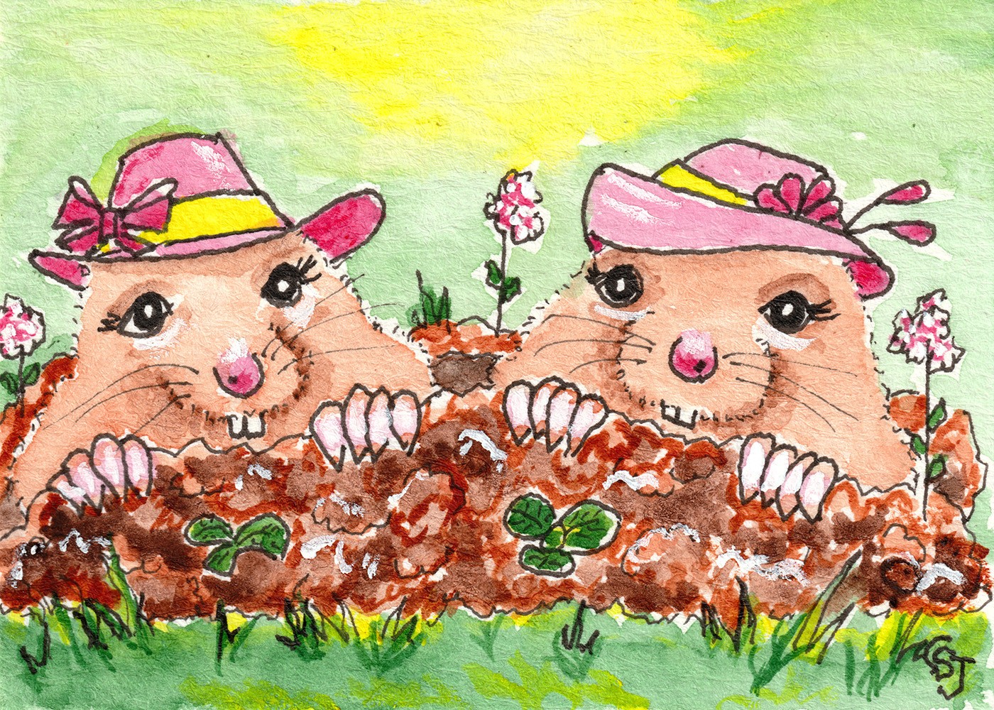 ACEO Original Mole Lasses Ladies in Hats Watercolor Painting Art by CS Jackson
