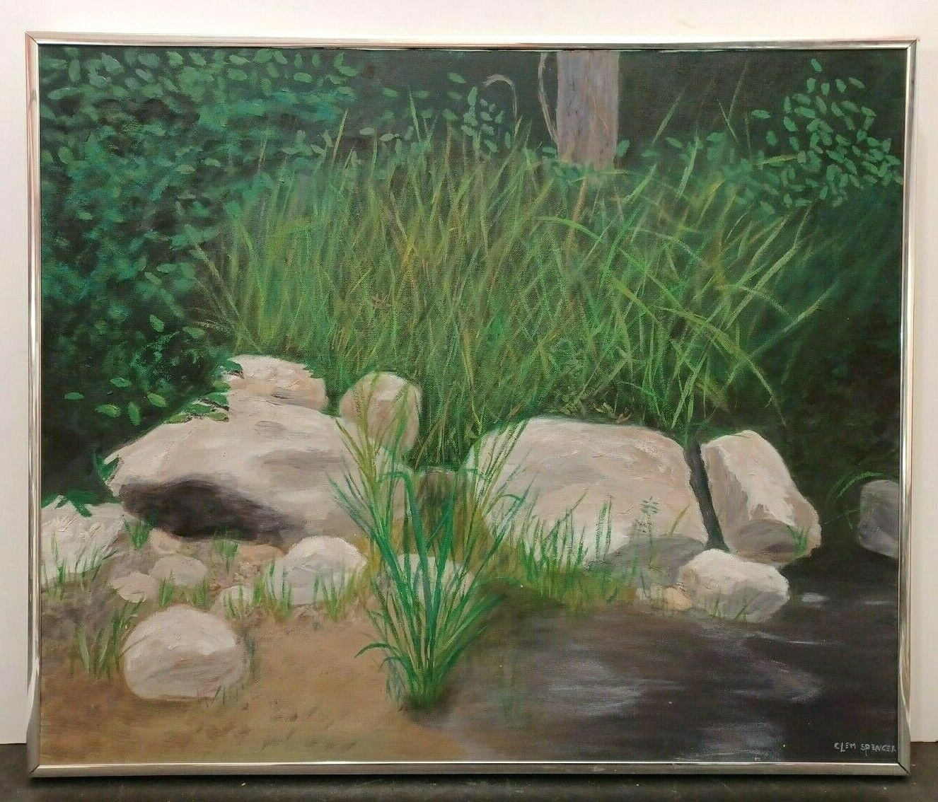 LISTED ENGLISH CLEM SPENCER SIGNED ORIGINAL OIL on CANVAS RIVER ROCKS LANDSCAPE