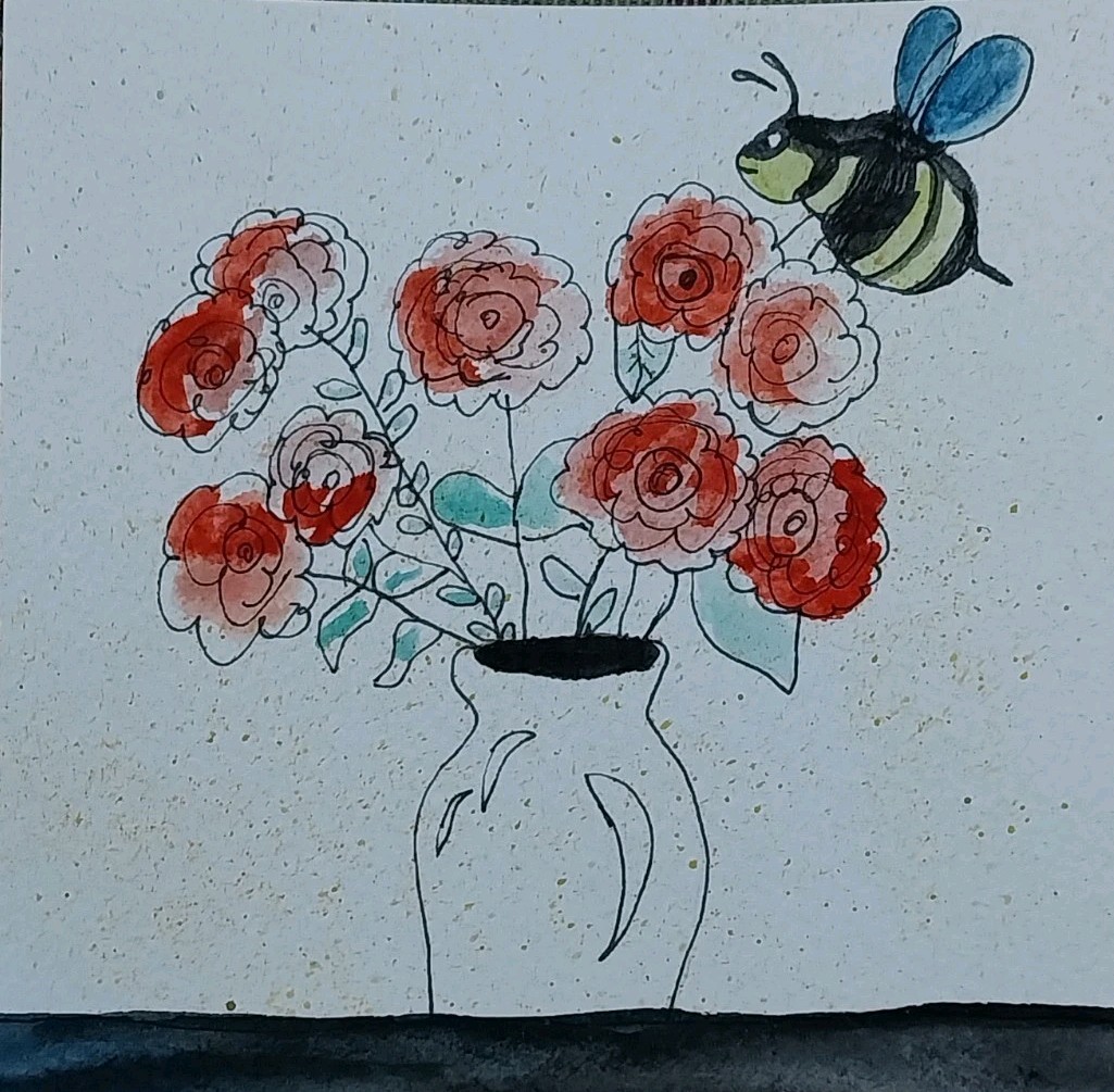 GAT Original Mixed Media IMPRESSIONISM Painting Bumble Bee 6×6 Flower Vase Art