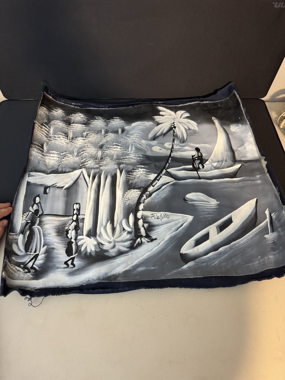 Cloth Canvas Art Painting HAITI Man On Boat 24×21 in Sierre