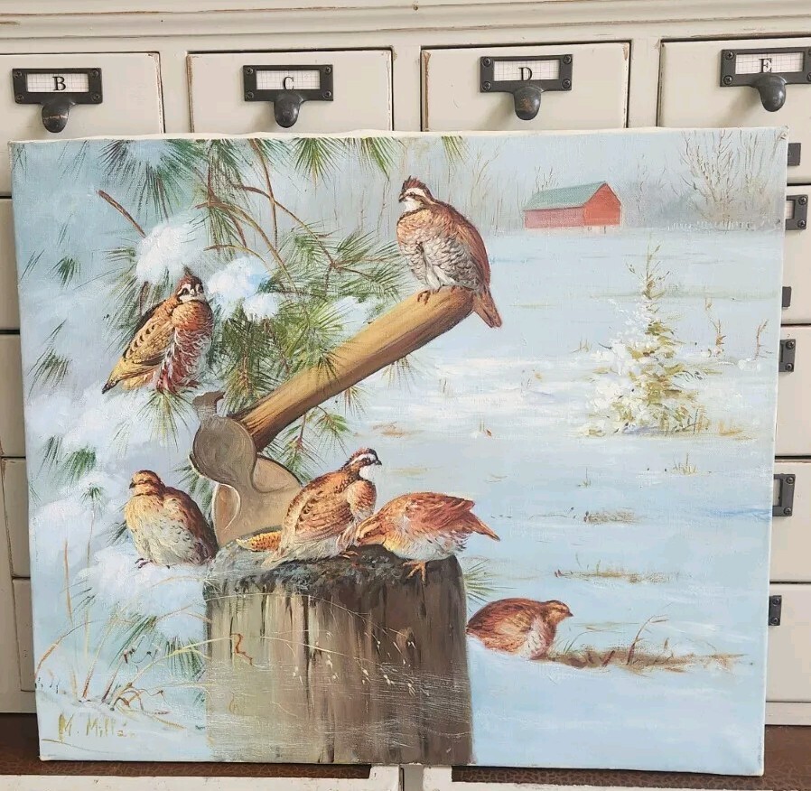 Vintage Oil On Canvas Nature Painting Unframed Quails In Winter Barn Birds Blue
