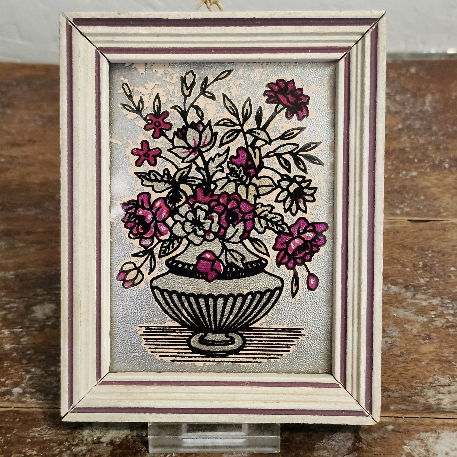 Vintage Shiny Foil Framed Picture Flowers In Vase Purple Black Silver Small