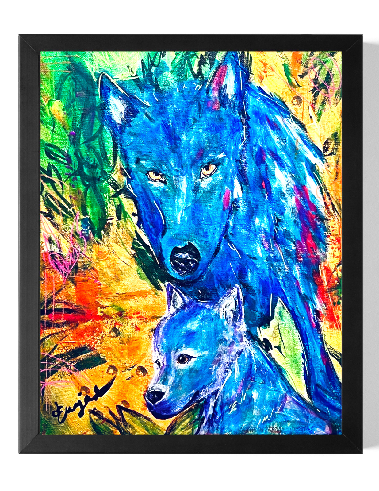 Guajardo Original Art: Wolf & Cub 14X11 Canvas Signed Expressionism Home Decor