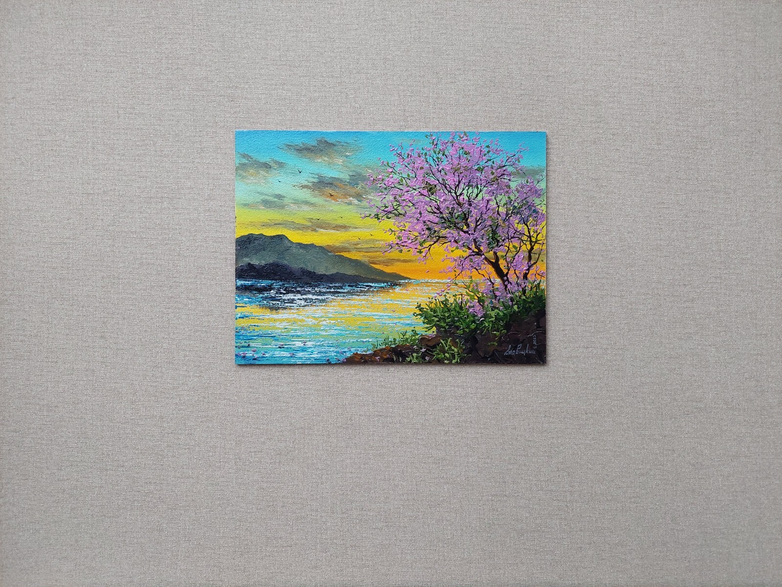 Sakura In Sunlight Original oil painting, Pink Cherry Tree Flower In Bright art
