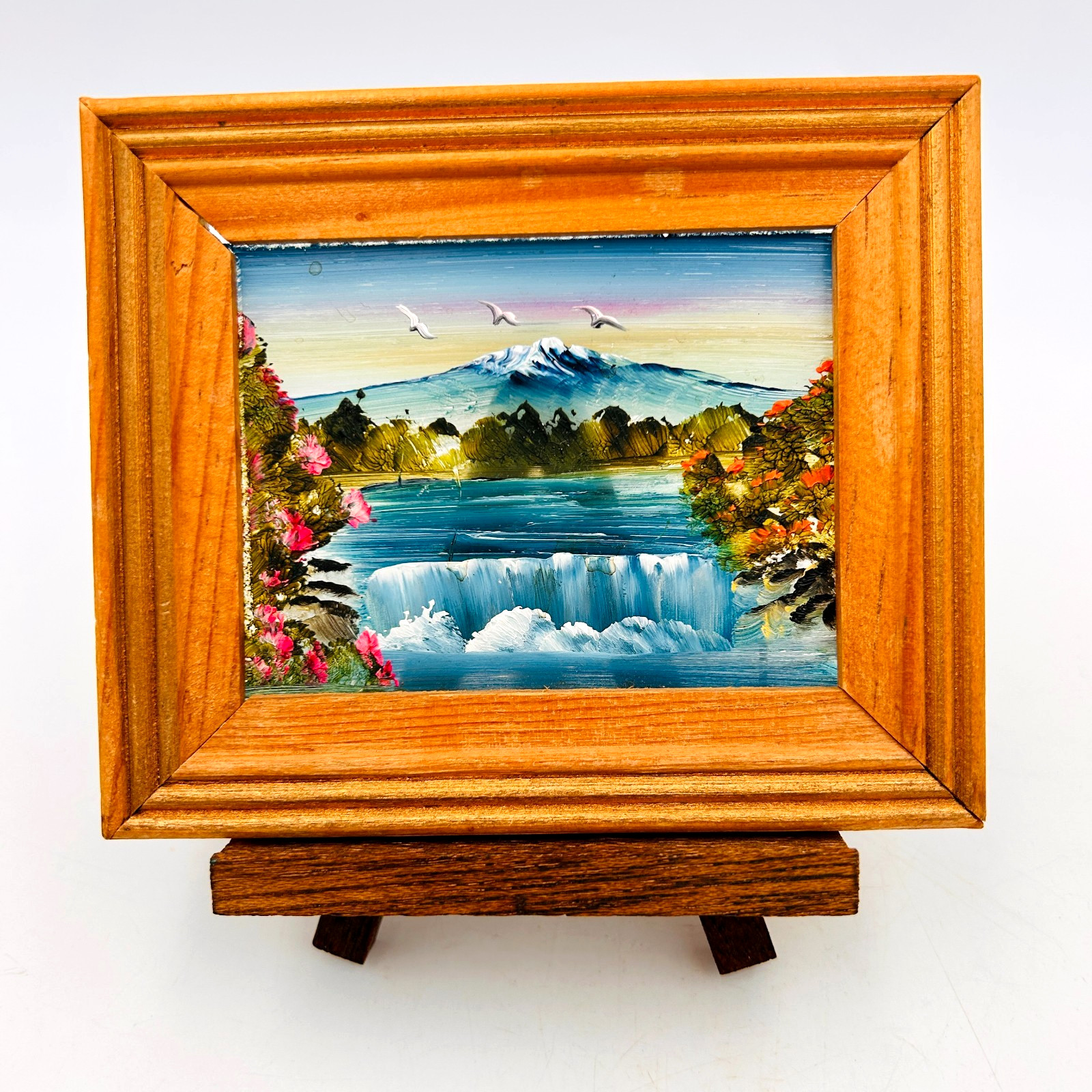 Miniature Painting On Glass Mountain Waterfall Flowers 5×4 inch Framed Easel