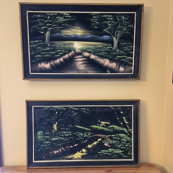 Vintage 70’s Framed Velvet Landscape Paintings Set 21″ x 13″ – Glows w/ UV Light