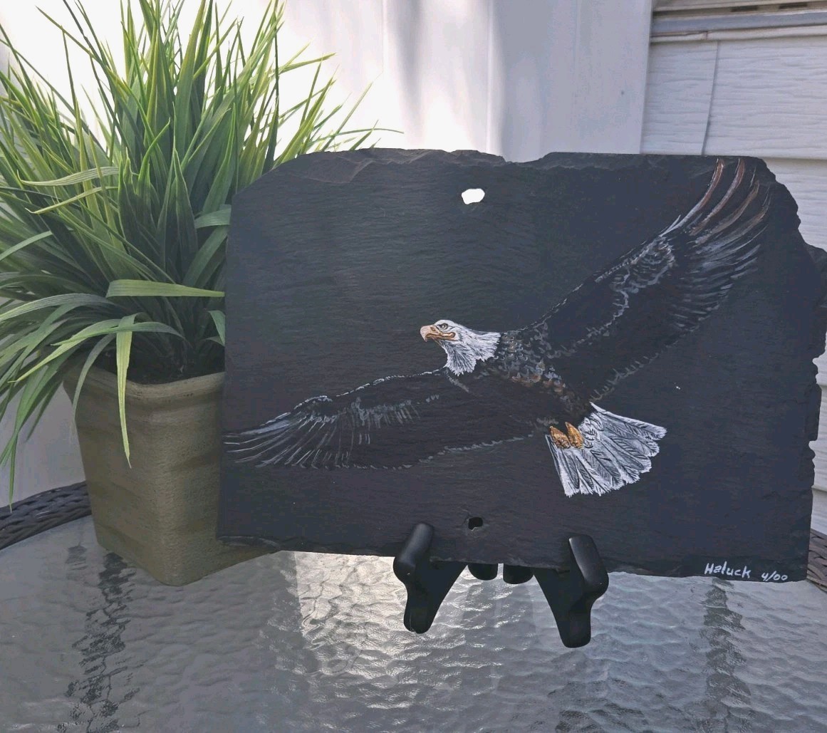 2000 Vintage Hand painted Eagle In Flight Natural Slate Art Signed by Artist