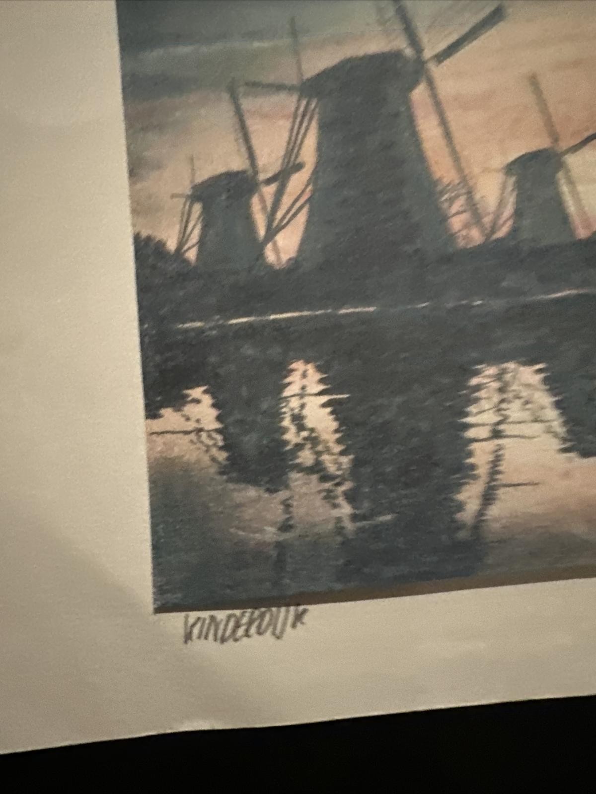 Windmills with sunset reflecting in water print, 8 X 6.5, 11.75 X 8.25 on mat
