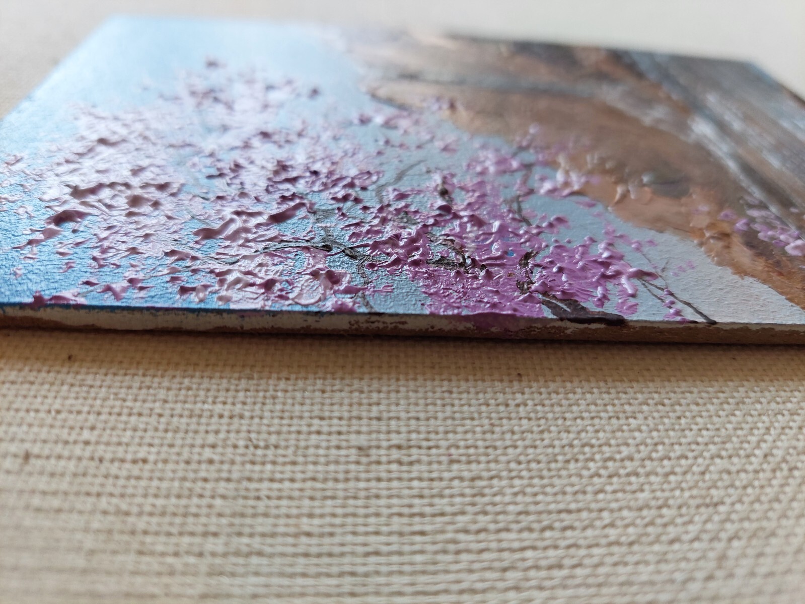 Impasto pink cherry tree branches art. Blossom Sakura waterfall oil painting