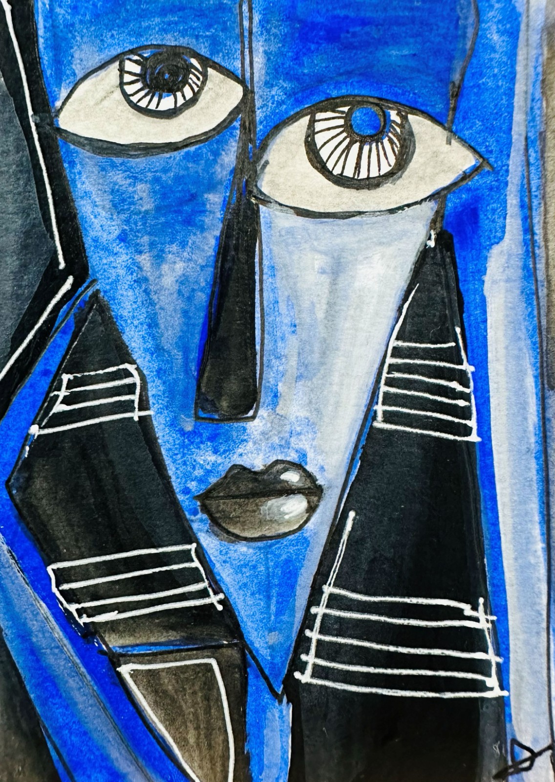 Blue Cubist Woman ACEO Original Acrylic Painting Modern Portrait Figure Cool Art