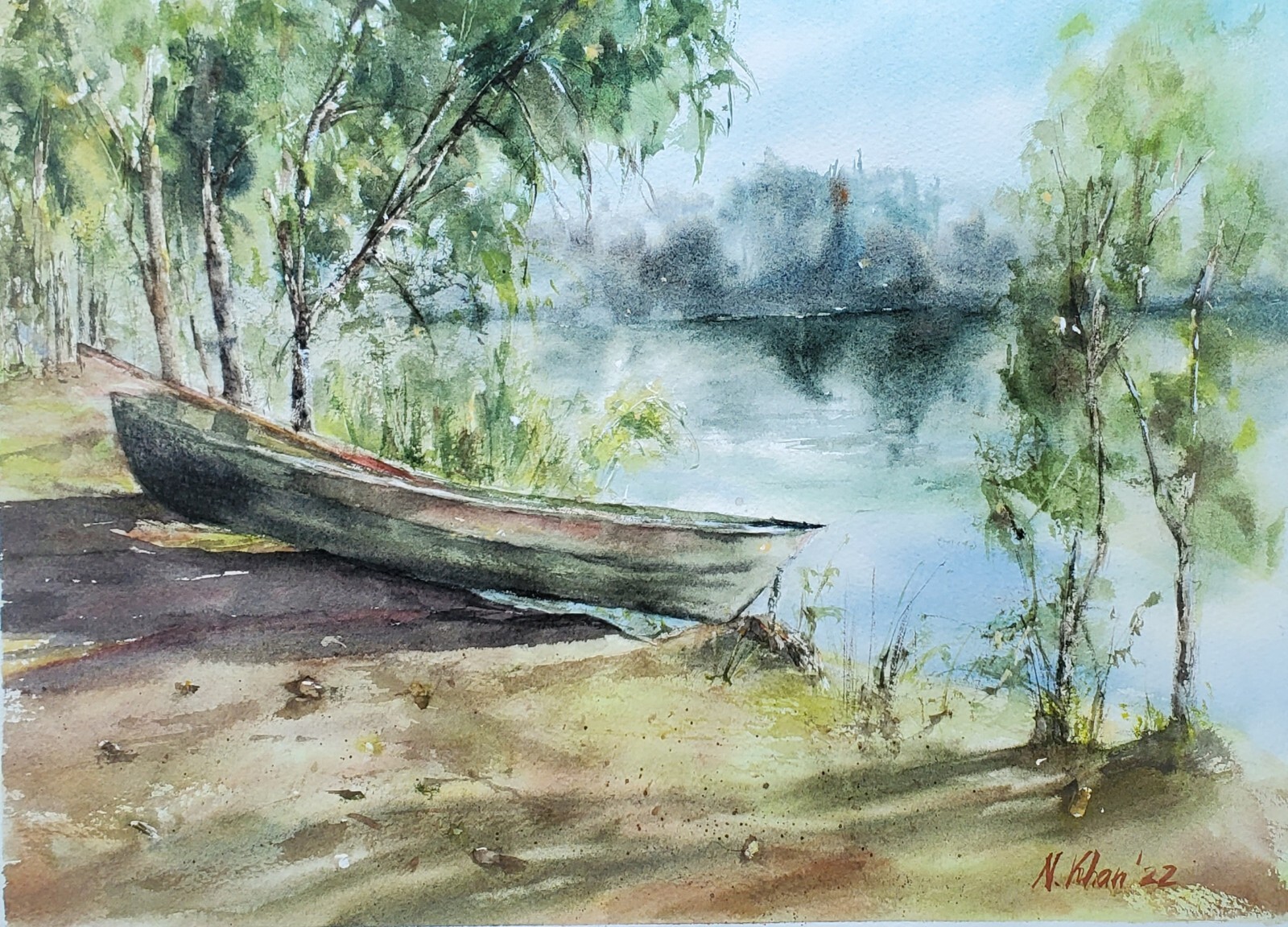 Original Watercolor Painting Boat Seascape Sea Lake Landscape Nautical