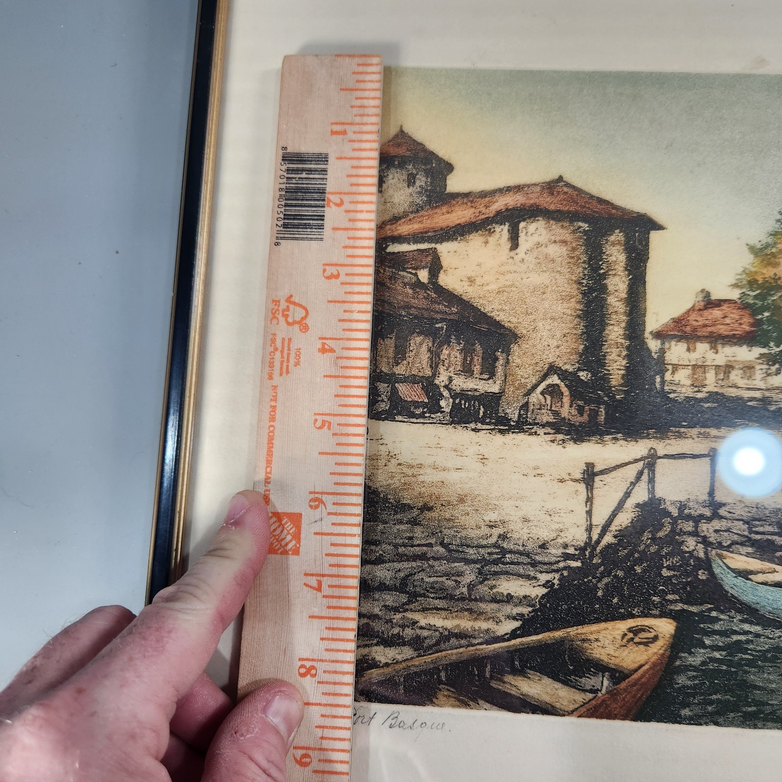 Vtg Signed French Etching Port Basou Harbor Medieval Tower Annecy Art