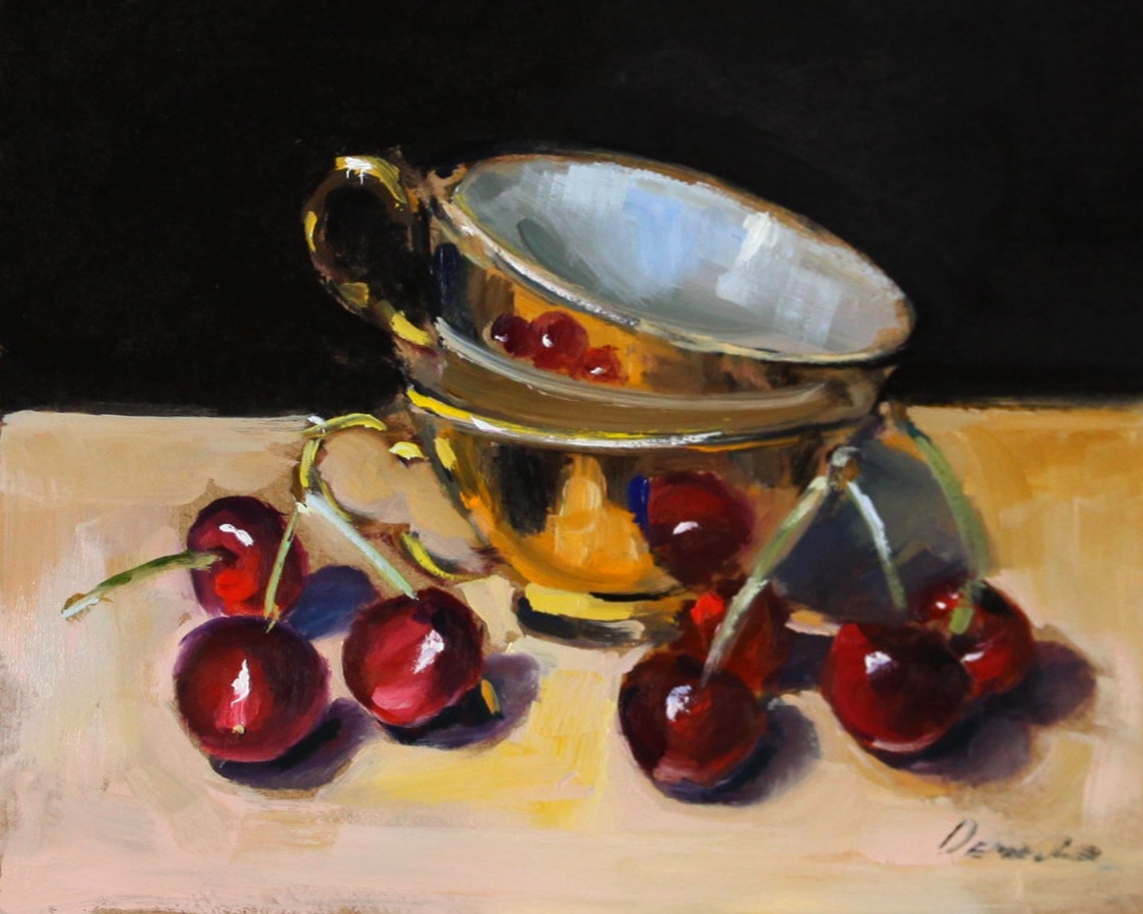 RED CHERRIES still life Oil painting UKRAINE 8X10