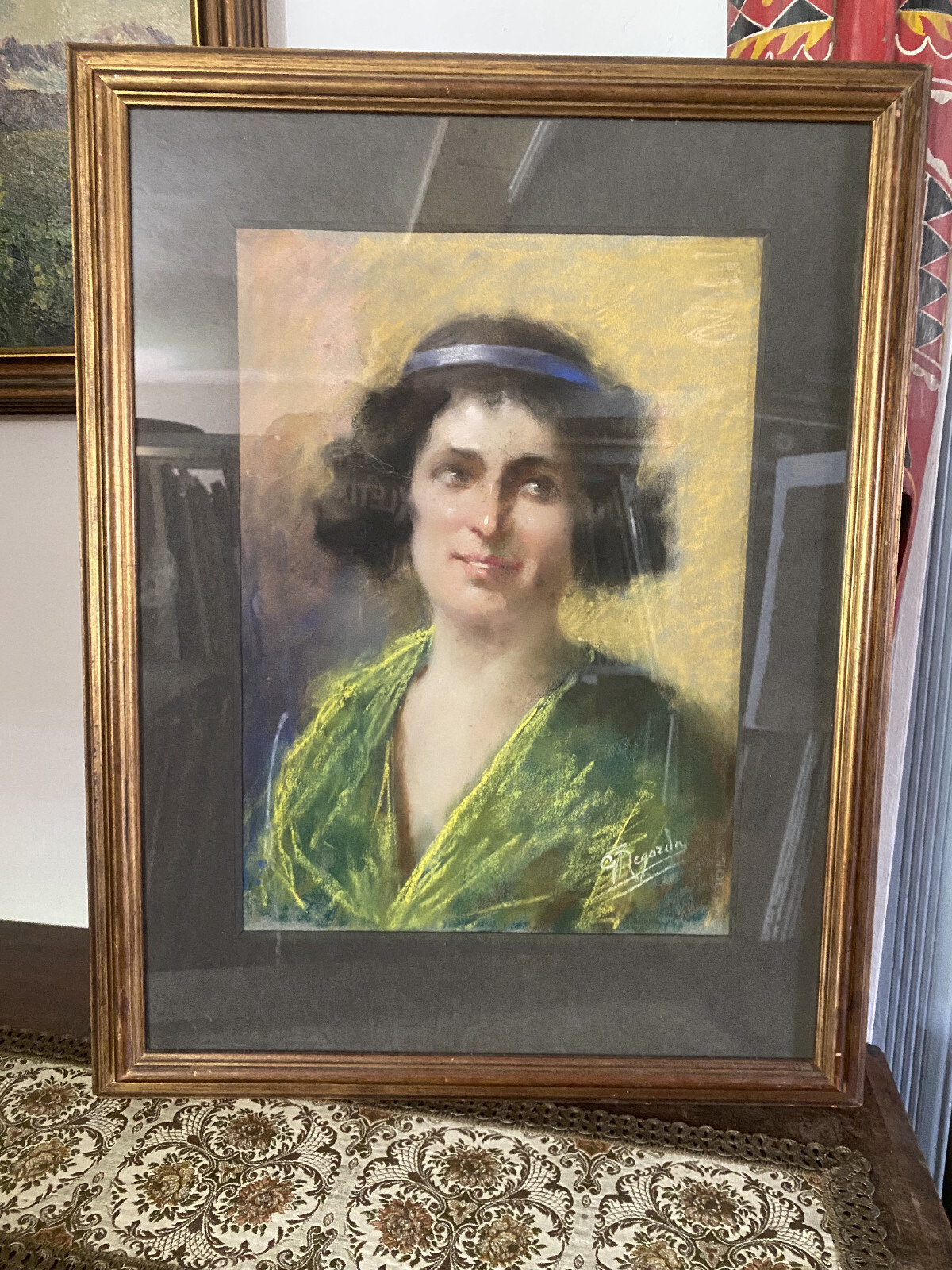 ::PASTEL WOMAN LADY WITH HEADBAND IN GREEN DRESS °ILLEGIBLE SIGNED FRAME