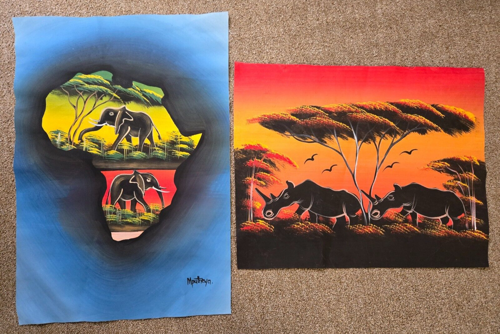 Canvas Paintings African Elephants Rhinoceros 14×20″ & 16.5×13.5″ Acrylic? 2 Pcs