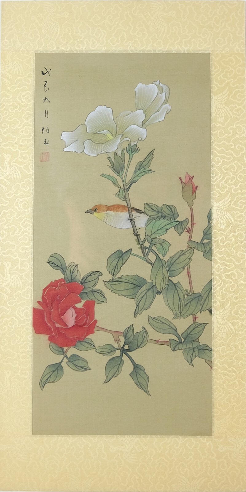 Vintage Asian Art, Watercolor on Silk – Birds & Flowers, Signed, Oriental Art