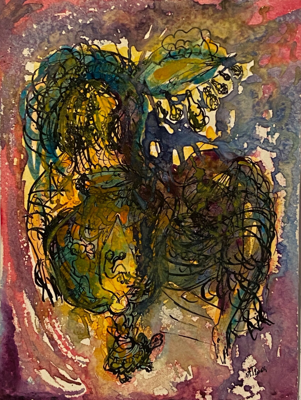 A T SURREAL OUTSIDER MODERNIST ABSTRACT MIXED MEDIA FIGURE PORTRAIT PAINTING