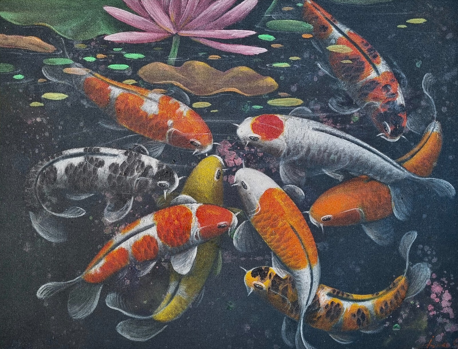 Koi Fish Pond Painting Goldfish Acrylic Original on Canvas Home Decor Wall Art