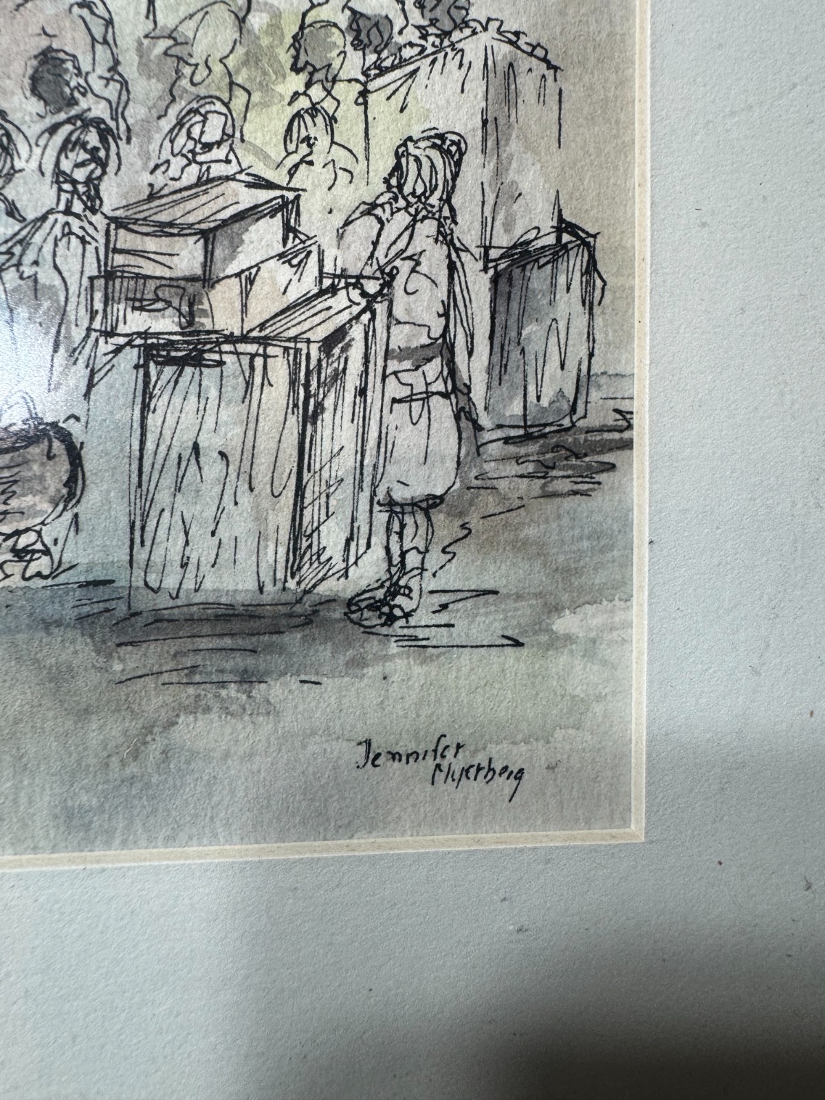 Jennifer Myerberg «Many Figures Scene» Pen, Ink And Watercolor Painting – Framed
