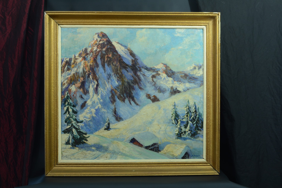 Painting Antique Hsp Landscape Mountain Summit Snowy Alps Signed Forest 1930