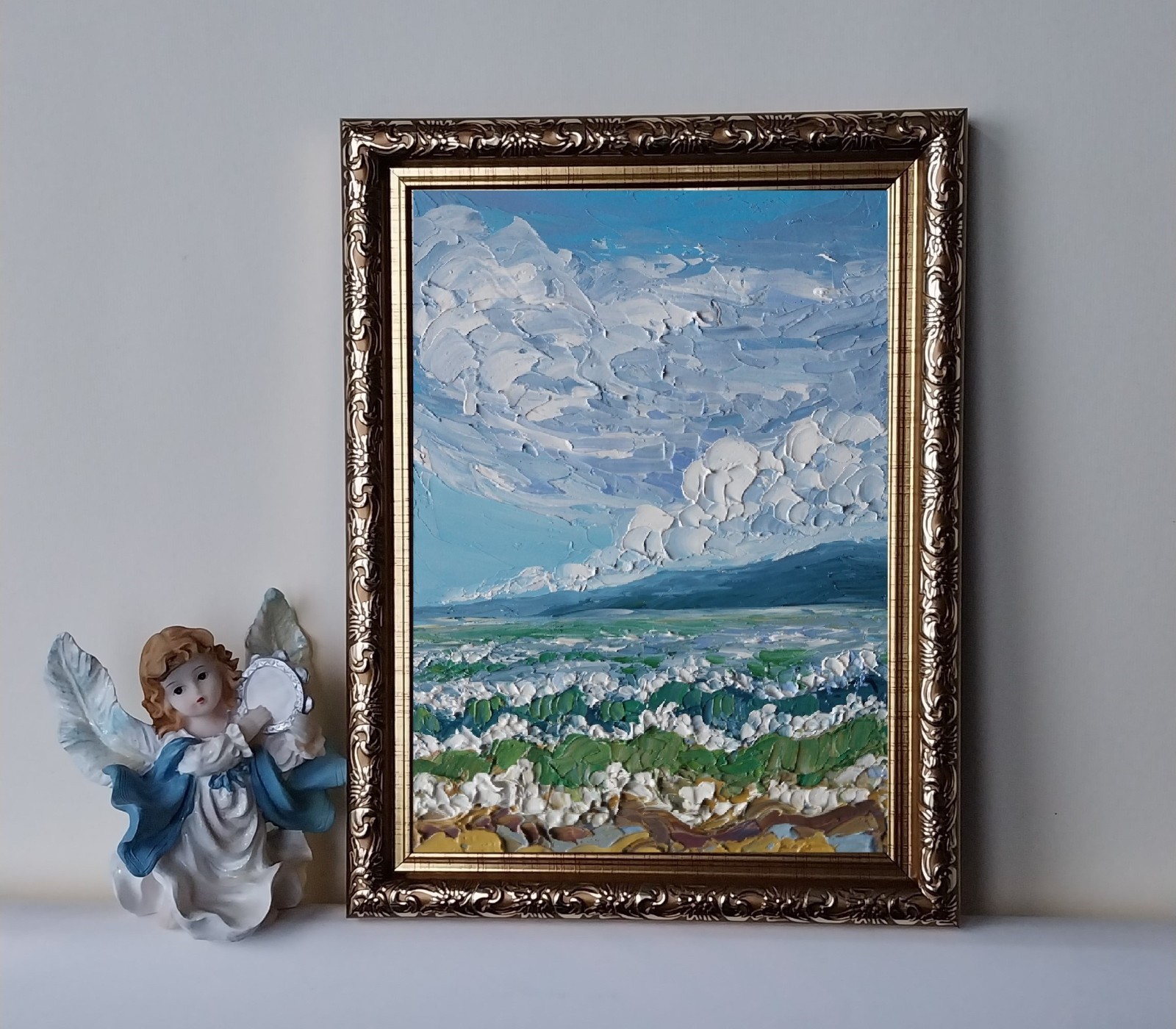 Framed Seascape Seashore Cloudy Sky Art 5×7 inches Impasto Oil Painting Original
