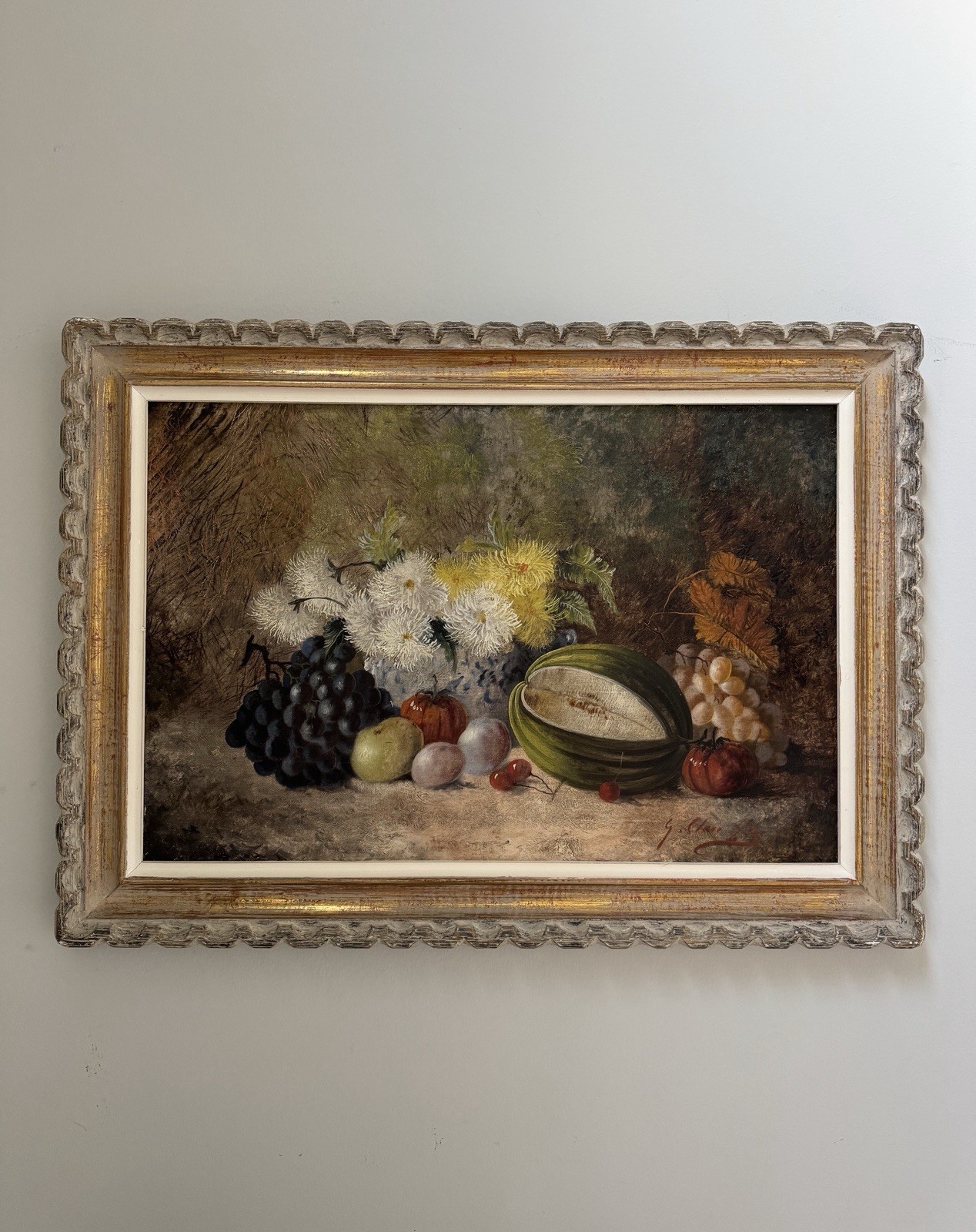 Vtg Signed Still Life Oil Painting fruits and flower vase 21 1/8″ H x 29 1/8”W