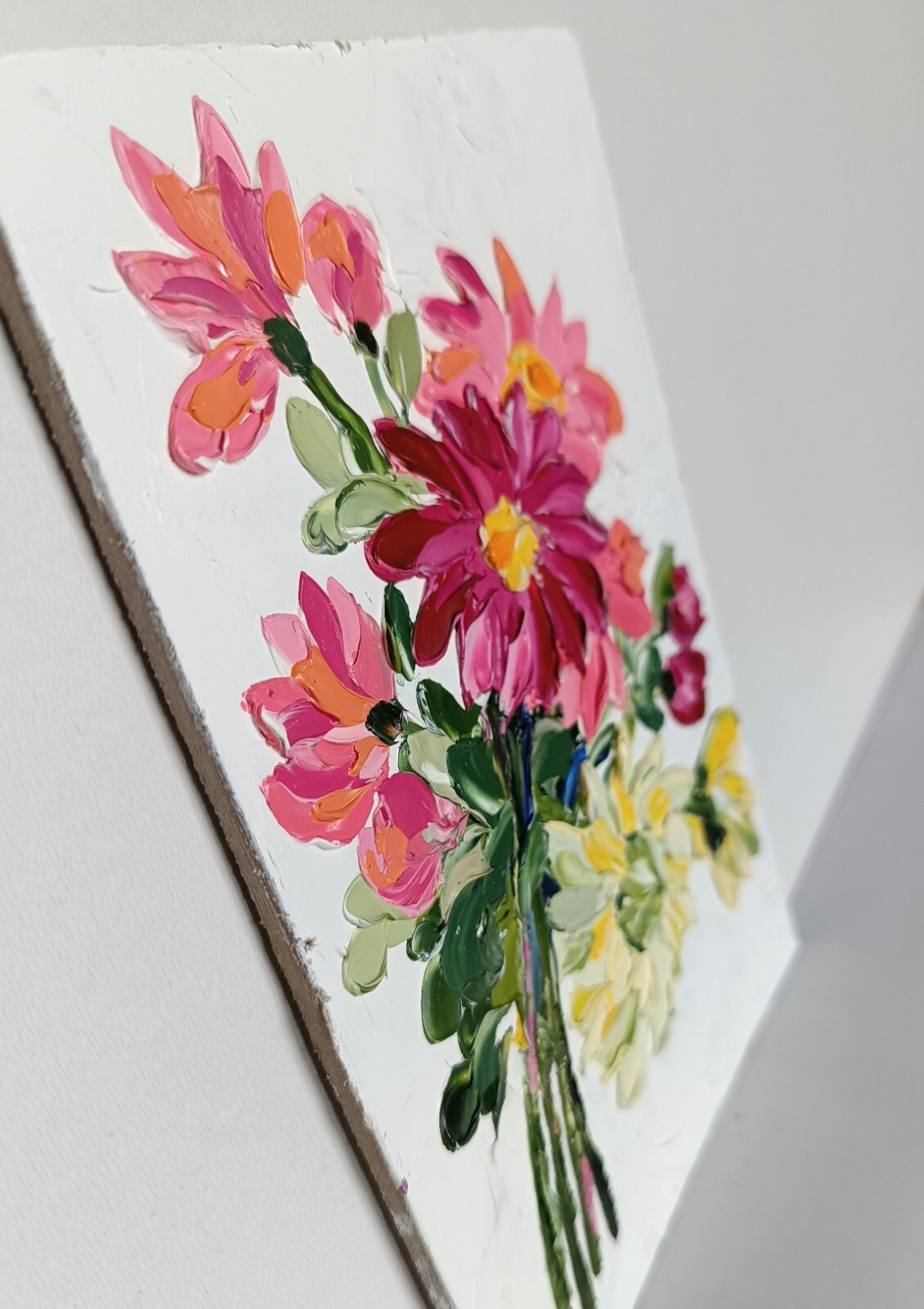 chrysanthemum crown daisy flowers floral impasto oil painting 5 by 7 inches