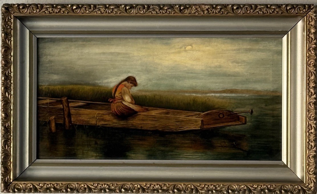 ANTIQUE FIGURATIVE BOAT DOCK LANDSCAPE IMPRESSIONIST OIL PAINTING VINTAGE 1920s