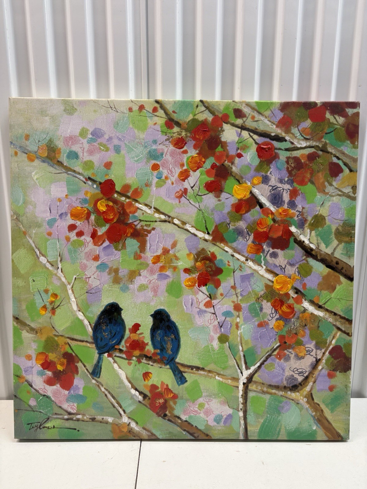 Original Hand Painted Birds on Tree Canvas Painting Textured Palette 28×28 Art