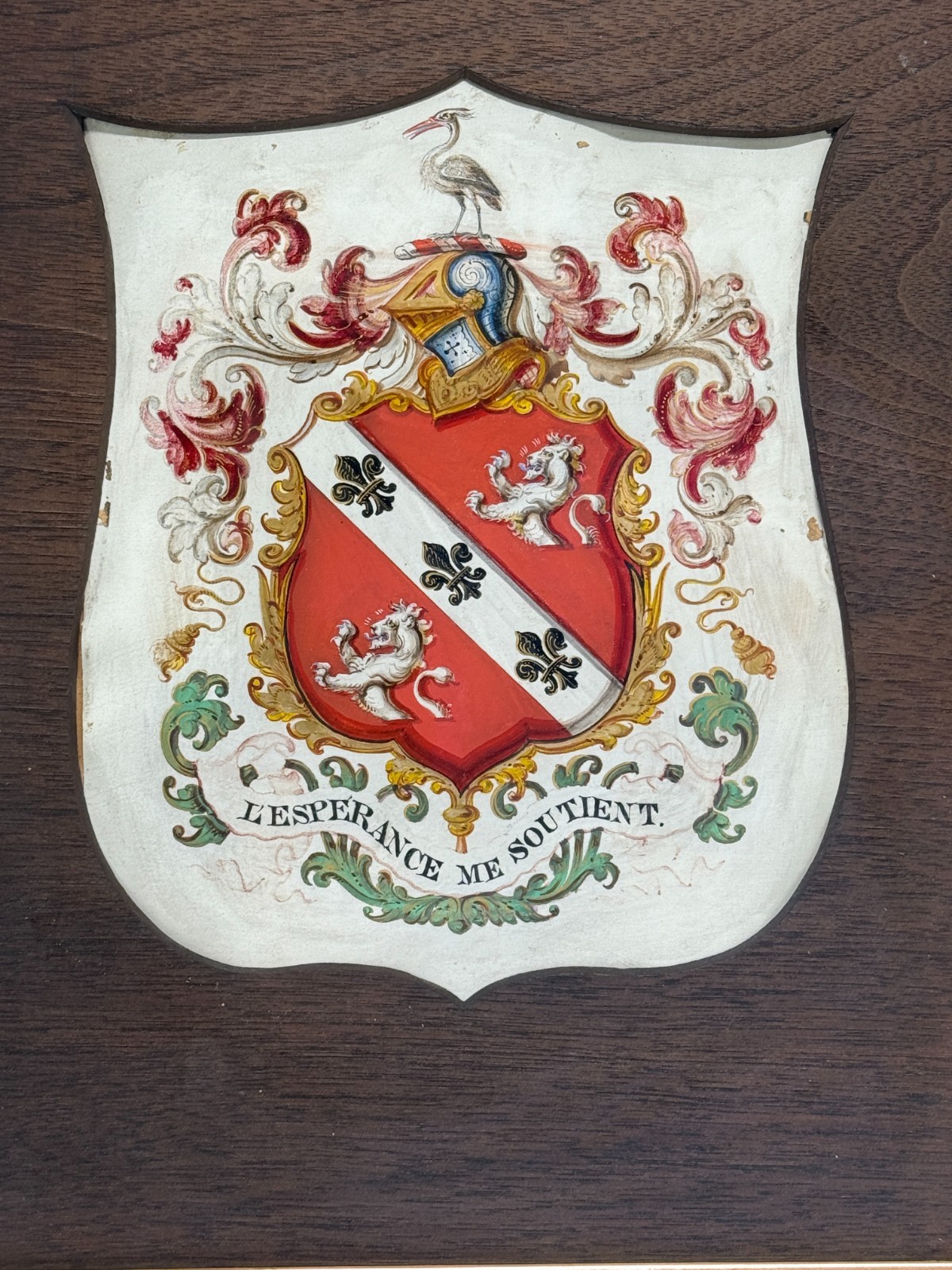 Heraldic Shield Painting on Vellum, Motto “L’Espérance Me Soutient,” 19th C