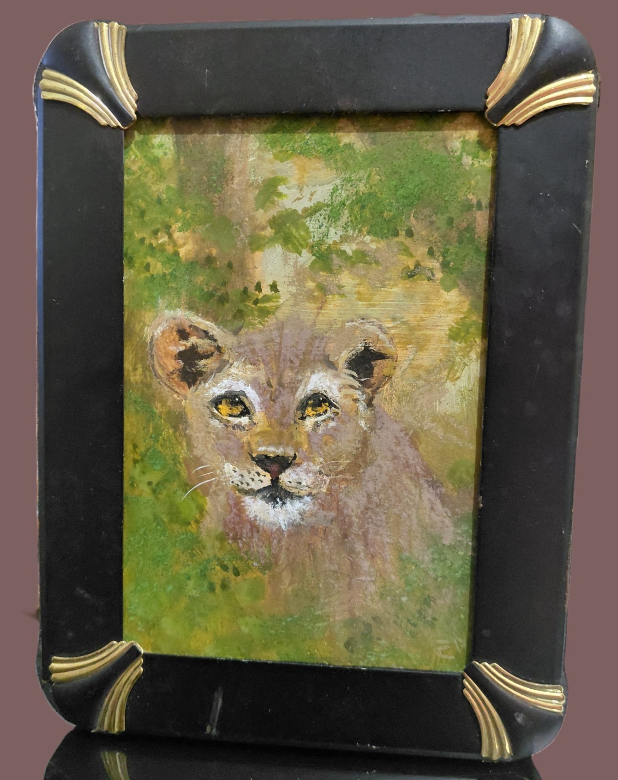 Original Miniature Acrylic Painting on Panel 6 x 7.5 Framed Lioness