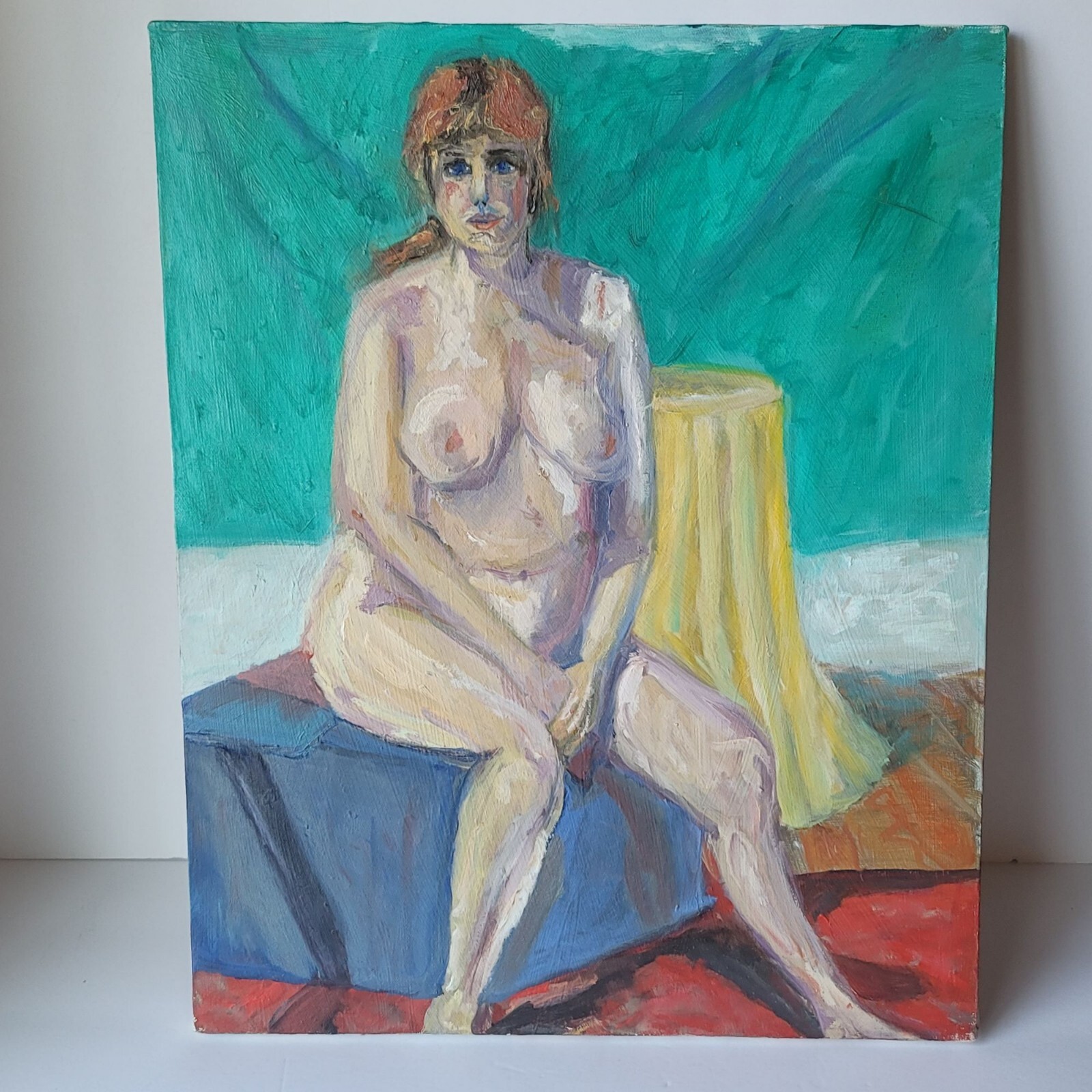 Vintage Original Oil Painting Canvas Portrait Nude Woman Sitting Signed 16×20″