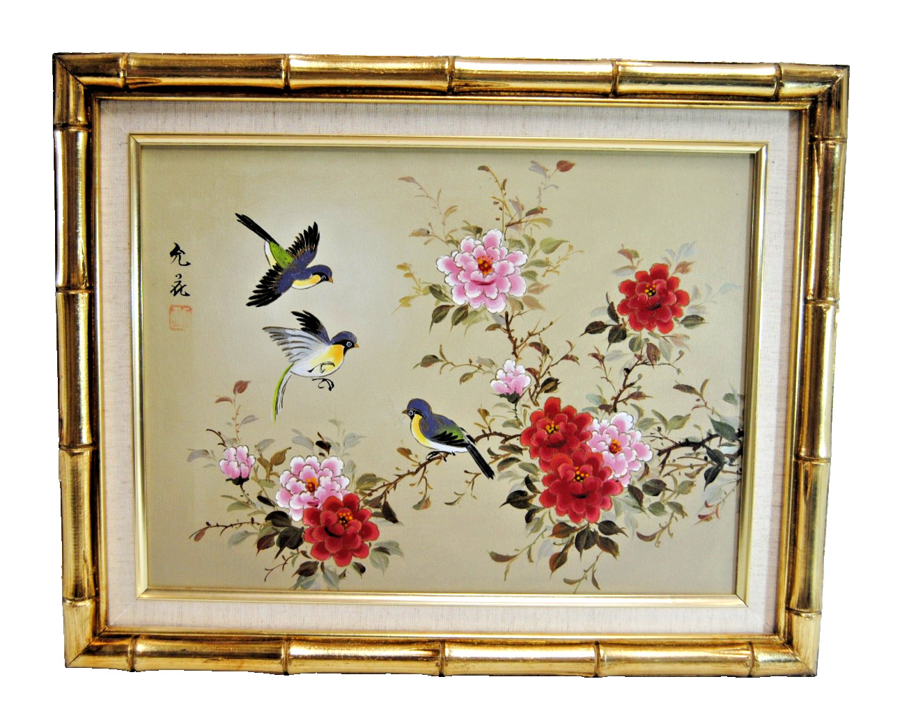 Asian Hand Painting of Birds and Flowers 20″x16″ Signed, Matted & Framed A1070